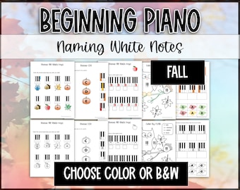 Beginning Piano Fall Worksheets and Activities- Finding White Notes CDE and FGAB: Keyboard Geography - Tracing, Cut & Paste, Matching, Color