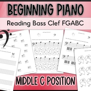 Könnte beinhalten: Schwarz-weiße druckbare Arbeitsblätter zum Erlernen des Lesens von Bassschlüsselnoten auf dem Klavier. Die Arbeitsblätter beinhalten einen Violinschlüssel, Klaviertasten und Regenschirme mit Noten. Der Titel der Arbeitsblätter lautet "Klavier für Anfänger Lesen des Bassschlüssels FGABC Mittlere C-Position."