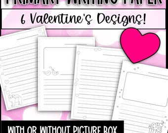Primary Lined Writing Paper with Picture Box and Without - Valentine's Day and Heart Elementary Writing Paper with Drawing Box