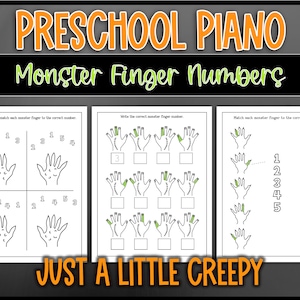 Halloween Monster Finger Number Worksheets: Review for Beginning or Preschool Piano Lessons, Off-the-Bench Fine-Motor Activities
