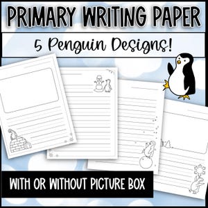 Papel de escritura con líneas para primaria con y sin recuadro de dibujo: ¡invierno y pingüinos! Papel de escritura para primaria con recuadro de dibujo
