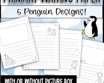 Primary Lined Writing Paper with Picture Box and Without - Winter and Penguins! Elementary Writing Paper with Drawing Box