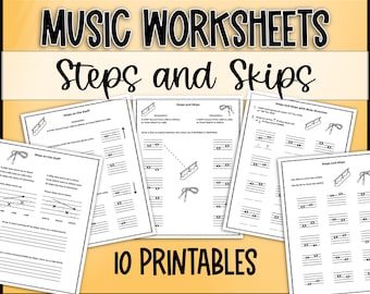 Steps and Skips - Elementary Music Theory, Beginning Music Worksheets identifying steps, identifying skips, piano chorus general music