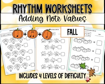 Fall and Thanksgiving Music Rhythm Worksheets: Adding Note Values Music Math | Elementary General Music Class or Music Sub with Answer Keys