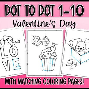 Valentines Day Dot to Dot 1-10 Counting with Matching Coloring Pages for PreK, Connect the Dots Count to 10 for Preschool Number Recognition