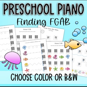 Op de afbeelding: Vroeg-muzieklessen voor kleuters met illustraties met een oceaan-thema en pianotoetsen. De werkbladen richten zich op het vinden van de noten F, G, A en B op het pianoklavier. De tekst "Finding FGAB" en "Choose Color or B&W" is opgenomen in de afbeelding.