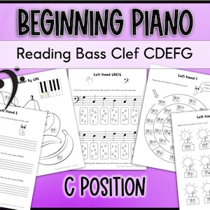 May include: A set of printable piano worksheets for beginners. The worksheets feature a bass clef and focus on reading notes C, D, E, F, and G. The worksheets include activities like coloring by note, circling the correct note names, and following a path to find the note F.