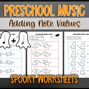 Spooky Rhythm Worksheets: Music Math for October- Adding Basic Note Values Review for Beginning Music Theory or Preschool Piano Lessons
