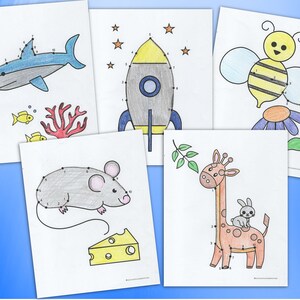 May include: Five printable connect-the-dots activity sheets featuring a shark, rocket, bee, mouse, and giraffe. Each sheet has numbered dots to connect to create the image.