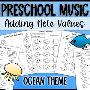 Könnte beinhalten: Vorschul-Musikblätter mit Ozean-Thema. Die Arbeitsblätter beinhalten das Addieren von Notenwerten, das Ausmalen nach Notenwerten und das Zuordnen von Ozeanszenen zu Beats. Die Arbeitsblätter sind schwarzweiß mit bunten Akzenten.