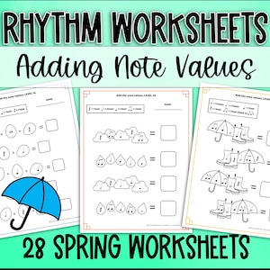 Può includere: Un set di 28 fogli di lavoro di ritmo stampabili per l'educazione musicale. I fogli di lavoro presentano immagini a tema primaverile come ombrelli, nuvole di pioggia e gocce di pioggia. I fogli di lavoro sono progettati per aiutare gli studenti a imparare ad aggiungere i valori delle note.