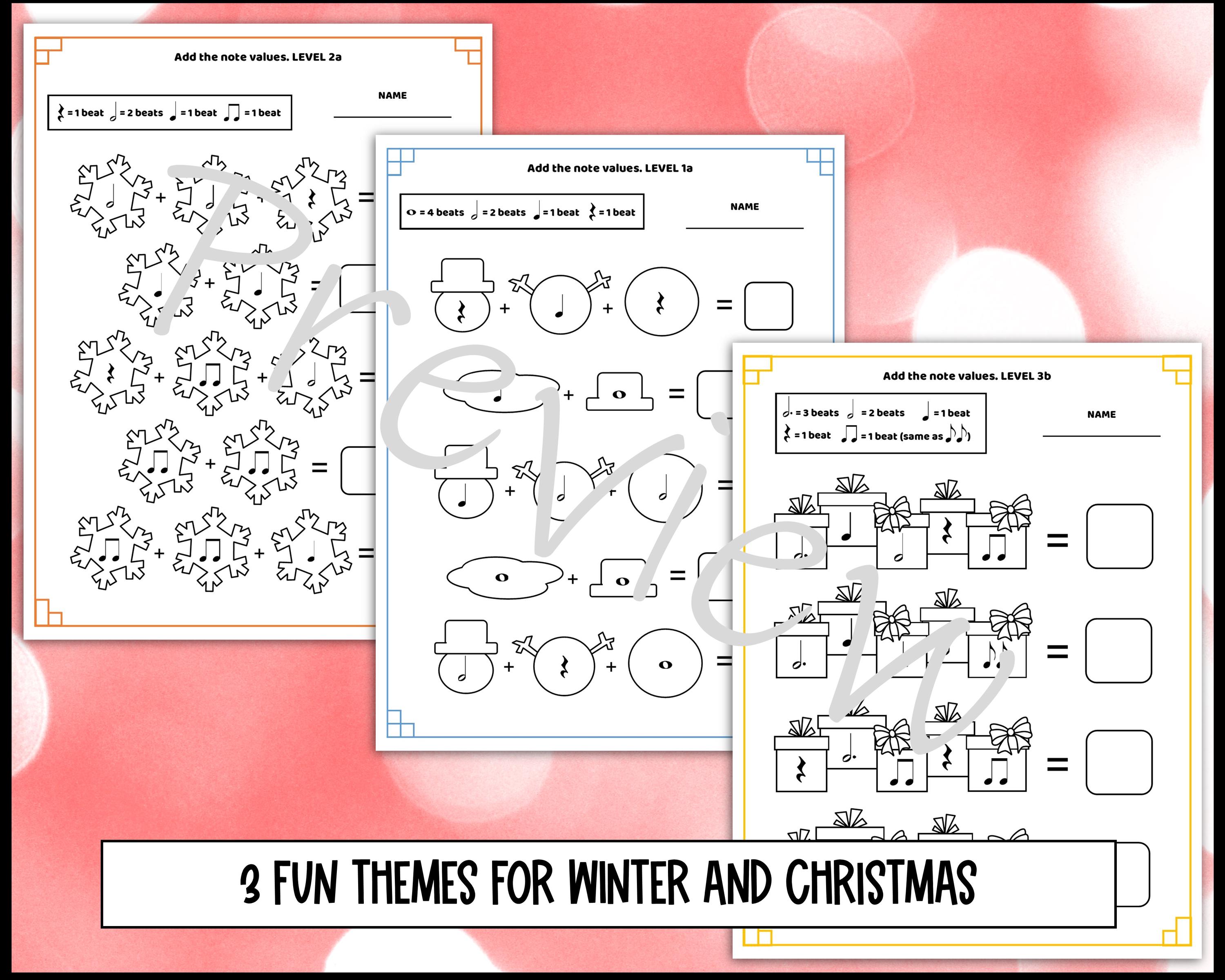 Winter and Christmas Music Rhythm Worksheets: Adding Note Values Music ...