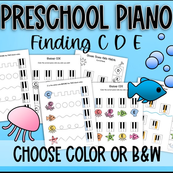 Preschool Piano Music Theory: Ocean-Themed Finding CDE Worksheets and Activities, Keyboard Geography - Tracing, Cut & Paste, Color by Note