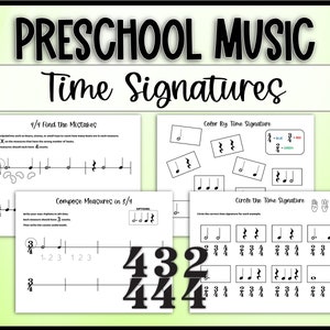 Hojas de trabajo de ritmo de compás simple (4/4, 3/4, 2/4) para música preescolar, medidas y valores de notas de conteo para principiantes en teoría musical