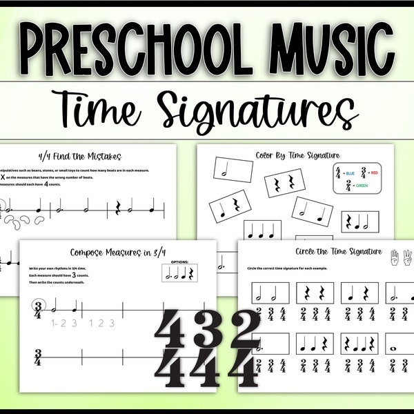 Simple Time Signature Rhythm Worksheets (4/4, 3/4, 2/4) for Preschool Music, Measures and Counting Note Values for Beginning Music Theory