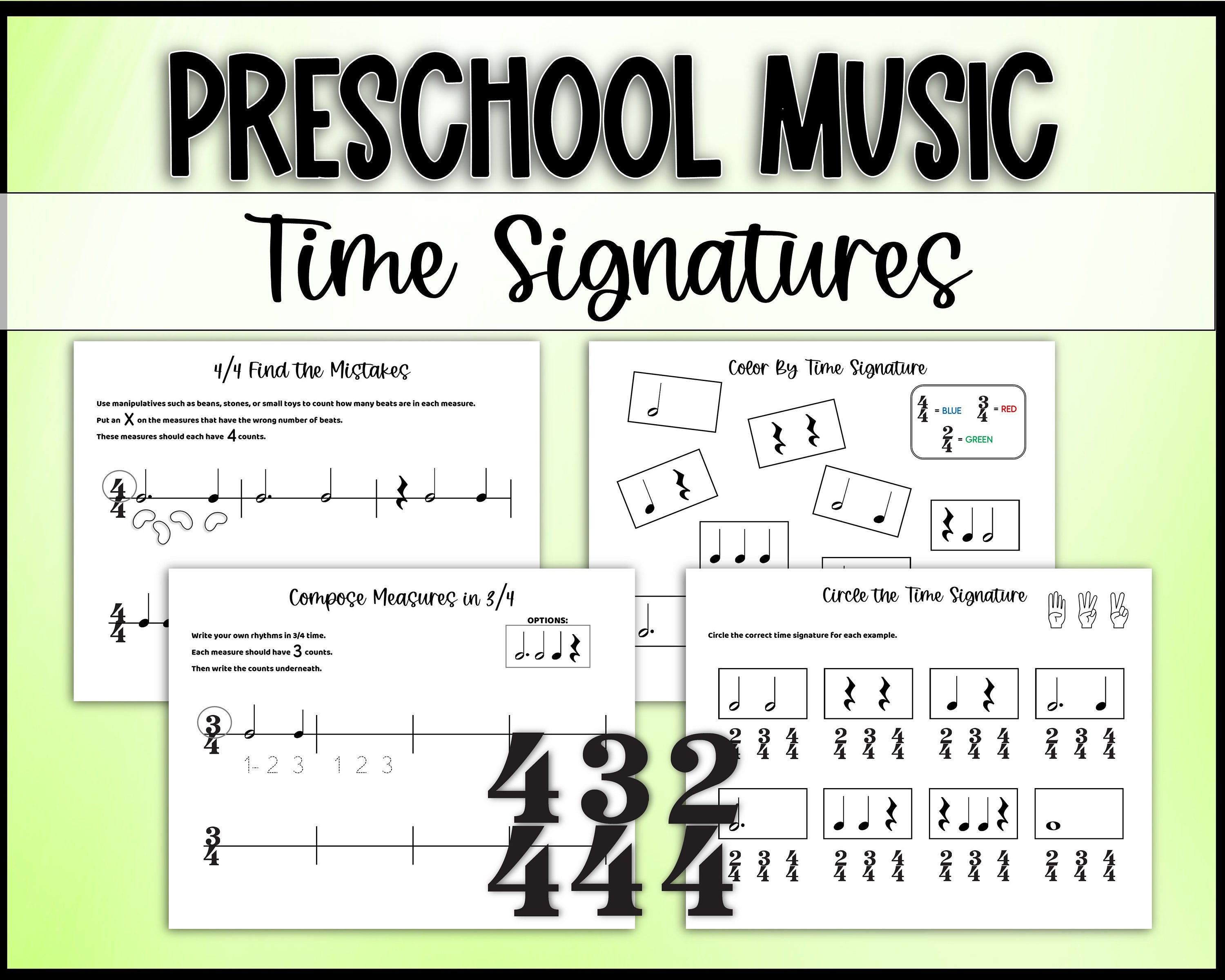 Simple Time Signature Rhythm Worksheets (4/4, 3/4, 2/4) for