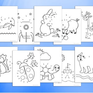 May include: A set of ten black and white connect-the-dots coloring pages featuring various animals, including a dolphin, rabbit, pig, giraffe, squirrel, ladybug, turtle, and a polar bear. Each page has numbered dots to connect to create the image.