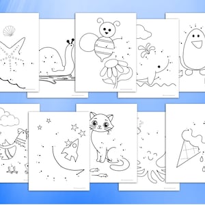 May include: A set of ten black and white printable dot-to-dot activity sheets featuring various animals, objects, and characters. The sheets are designed for children to connect the dots in numerical order to reveal the hidden image.