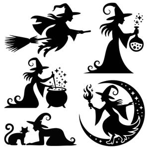 May include: Black silhouette illustrations of witches in various poses. One witch flies on a broom, others stir a cauldron, hold a potion, or stand on a crescent moon. A cat sits near a witch.