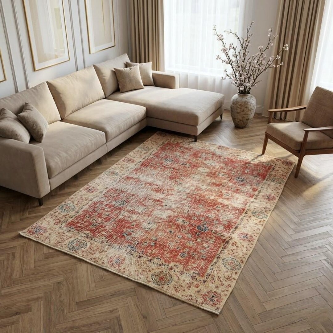 Faded Red Turkish Rug, Cream Border Vintage Distressed, 3.5x6.3 Ft