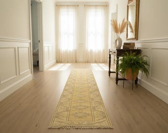 handmade oushak rug, figurative rug, bohemian rug, sun faded rug, turkish rug, traditional rug, 2.9 x 14.5 ft, vintage rug, used rug, DC7296
