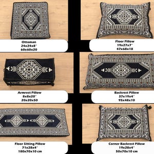 May include: A set of six black and white patterned floor cushions with different sizes and shapes. The cushions are made of a soft, plush fabric and feature a geometric design. The cushions are labeled with their dimensions in inches and centimeters.