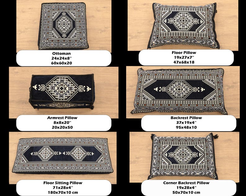 May include: A set of six black and white patterned floor cushions with different sizes and shapes. The cushions are made of a soft, plush fabric and feature a geometric design. The cushions are labeled with their dimensions in inches and centimeters.