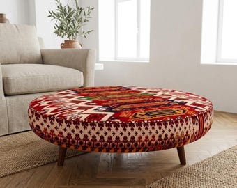 Southwestern Geometric Red Ottoman Table | Large Tribal Upholstered Coffee Pouf