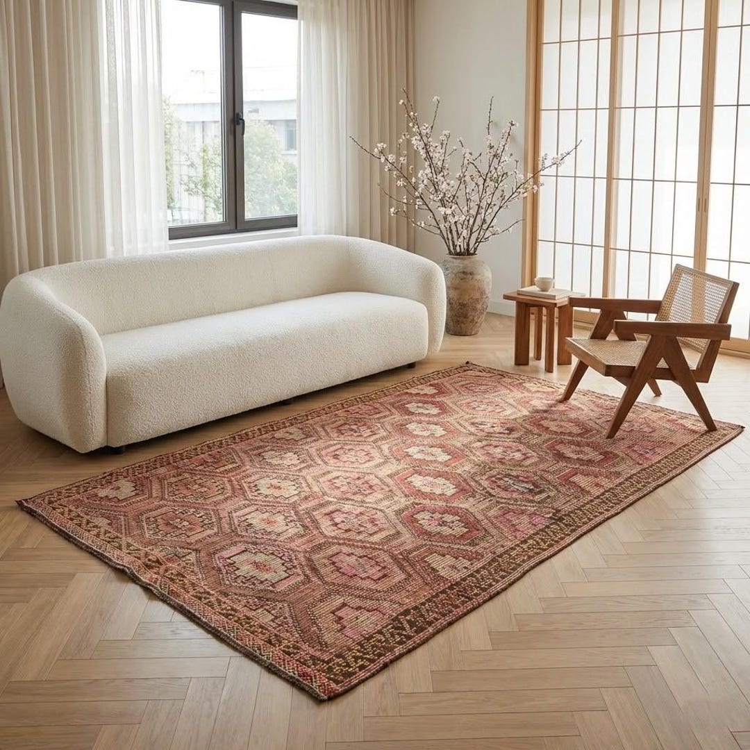 Classic Rose Rug Antique Rose Rug, Handwoven Honeycomb Medallion, Muted Crimson Wool, 5 ...