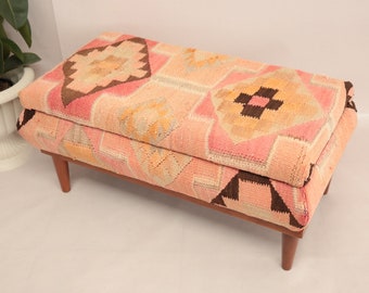 Ottoman for bedroom, Storage bench, Coffee bench, Hallway organizer, Retro bench, Kilim bench, Boho bench, Accent bench, 20x18x37'' DCS 02