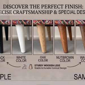 a collection of five different colored wooden legs, each with a corresponding color sample. The legs are arranged in a grid, with each row representing a different color. The text above the image reads "Discover the perfect finish: precise craftsmanship & special design" and below the image, it says "SAMPLE". The text below the sample includes "STURDY WOODEN Legs Stable & Durable Conical Design".