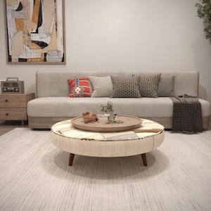 Runder Akzent Couchtisch, gepolsterter Boho Pouf Ottoman, Holzbein-Fußhocker