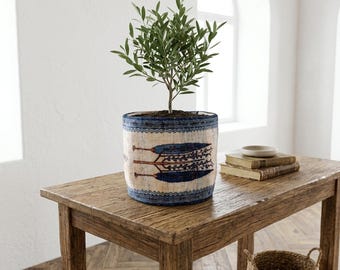Cream Blue Tree Motif Basket | Nomadic Style Planter Pot Cover