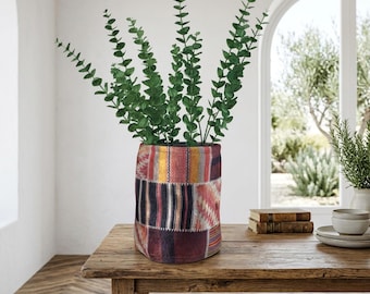 Burgundy Yellow Patchwork Pattern Pot | Rustic Keepsake Storage Gift