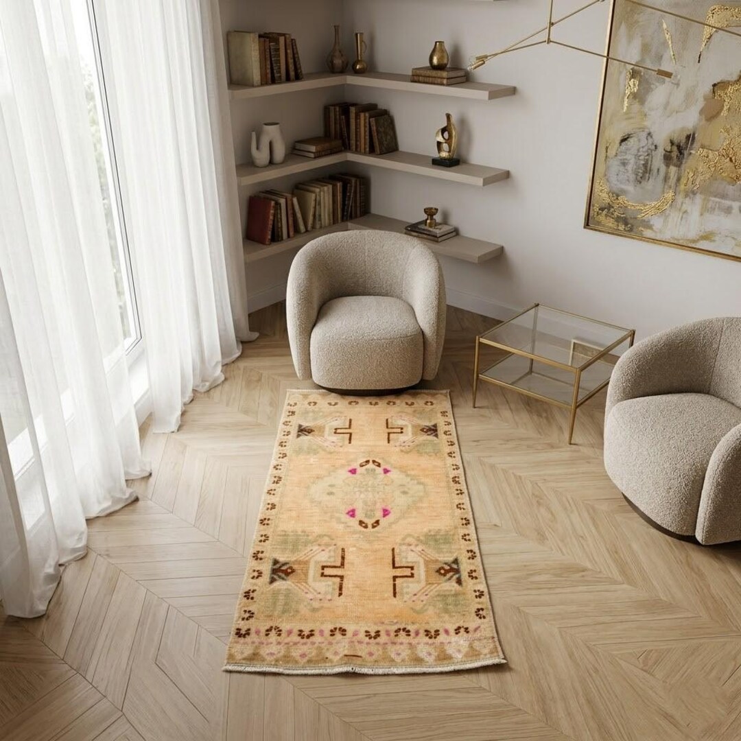 Victorian Peach Color Rug Unique Vintage Hall Rug With Peach Handwoven Geometric Design, 1.7x3.6 ...