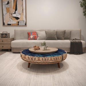 Otomana redonda tapizada Kilim, mesa de centro con alfombra estampada, taburete de madera estilo bohemio
