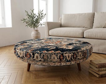 Navy Blue Upholstered Coffee Table | Orange Distressed Medallion Rustic Bench