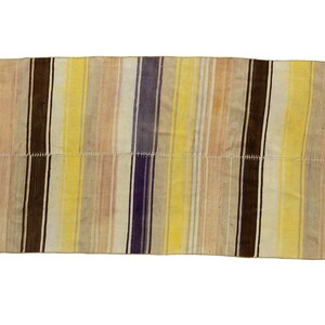 May include: Rectangular textile with vertical stripes in shades of beige, brown, yellow, and purple. The stripes are of varying widths. The textile appears to be hand-stitched in the middle. The edges are frayed.