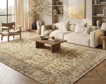Beige Turkish Area Rug, Muted Blue Floral Wool Carpet, Traditional Living Room Decor, 3.7x6.6 ft, DC 7509