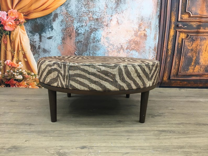 Modern mid table, Round floor table, Ottoman coffee table, Brown zebra bench, Handmade furniture, Stylish saloon decor, Chic table, DCY 765