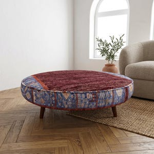 Burgundy Blue Circular Coffee Table | Large Tribal Patchwork Ottoman Centerpiece