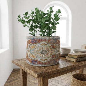 Könnte beinhalten: Ein dekorativer Blumentopf mit farbenfrohem Muster, der eine grüne Blattpflanze enthält. Der Topf steht auf einem rustikalen Holztisch, mit Büchern und einem Weidenkorb in der Nähe. Das Design des Topfes weist Farbtöne von Rot, Blau und Gold auf.