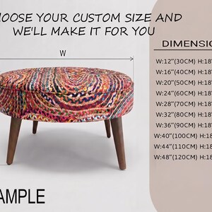 a colorful, patterned ottoman with a sample size provided. The ottoman is described as having a round shape and a wooden base. The dimensions of the ottoman are listed, including the width, height, and depth. The image is a sample, and the text provides specific measurements for the ottoman.