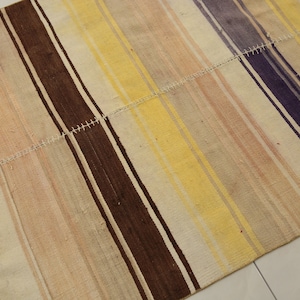 May include: A rectangular rug with a striped pattern. The rug features vertical stripes in shades of brown, yellow, pink, and purple. The rug is made of woven material and has a stitched seam. The rug is placed on a white tile floor.