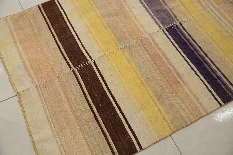 May include: A rectangular rug with a striped pattern. The rug features vertical stripes in shades of brown, yellow, pink, and purple. The rug is made of woven material and has a stitched seam. The rug is placed on a white tile floor.