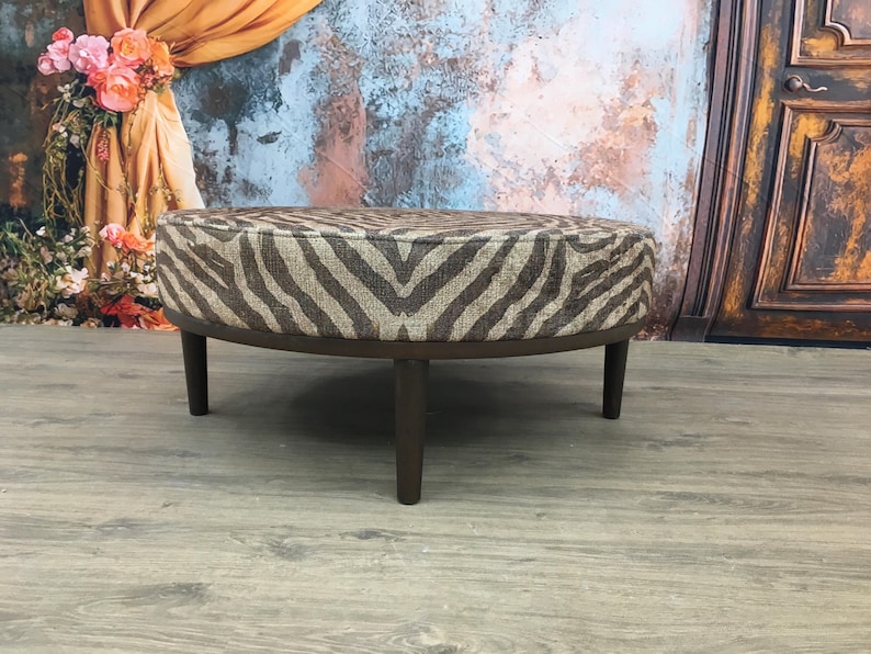 Modern mid table, Round floor table, Ottoman coffee table, Brown zebra bench, Handmade furniture, Stylish saloon decor, Chic table, DCY 765