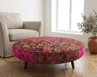 Vibrant Fuchsia Round Ottoman Table | Large Boho Upholstered Tribal Centerpiece