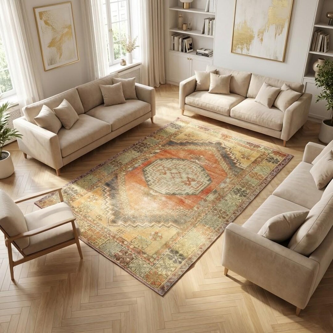 Terracotta Orange Turkish Rug, Muted Geometric Medallion Carpet, Ethnic ...
