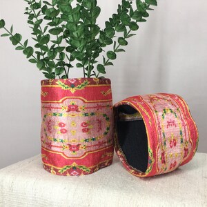Hot Pink Floral Border Fabric Pot | Boho Desk Organizer Basket image 11
