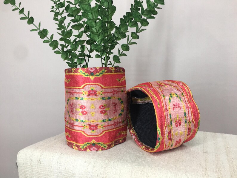 Hot Pink Floral Border Fabric Pot | Boho Desk Organizer Basket image 11